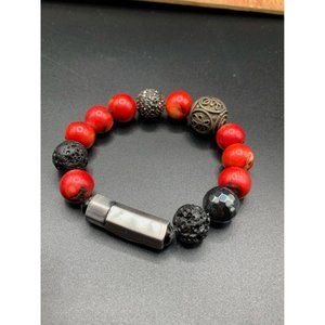 Dyed Red Bamboo Coral and Lava beads beaded bracelet